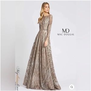 Mac Duggal Mocha Embroidered & Embellished Long Sleeve Tulle Ballgown